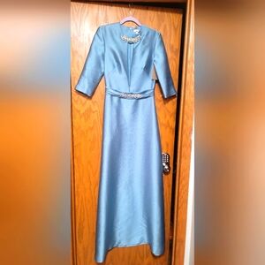 Reek Acra piqued Elegant Blue Long-Sleeve Maxi Dress with Jeweled Accents